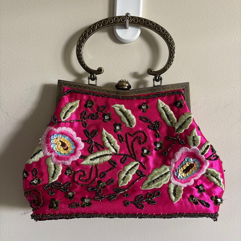 Vintage Style Hot Pink Beaded Floral Satin Clutch Evening Bag Brass Handle